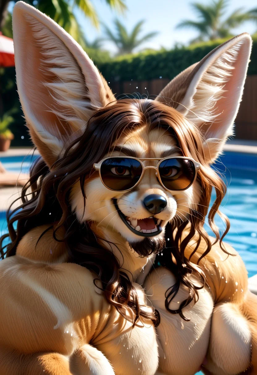 score_9, score_8_up, score_7_up, score_6_up, score_5_up, score_4_up, photorealistic, realistic, furry, solo, 1boi
BREAK
((Fennec Fox, anthro fennec fox, Animal Ears, large ears, wet hair, brown hair, fabio hair, long hair, wavy hair, hair covering one eye, Whiskers, smiling, swimming pool background, tropical background, wet fur, wet, hair, sunglasses, smiling, fox tail, tan fur, fundoshi, open mouth, sideburns, goatee, brown goatee, messy goatee))
BREAK
huge body, gigantic body, huge traps, gigantic traps
<lora:add-detail-xl:1.5>