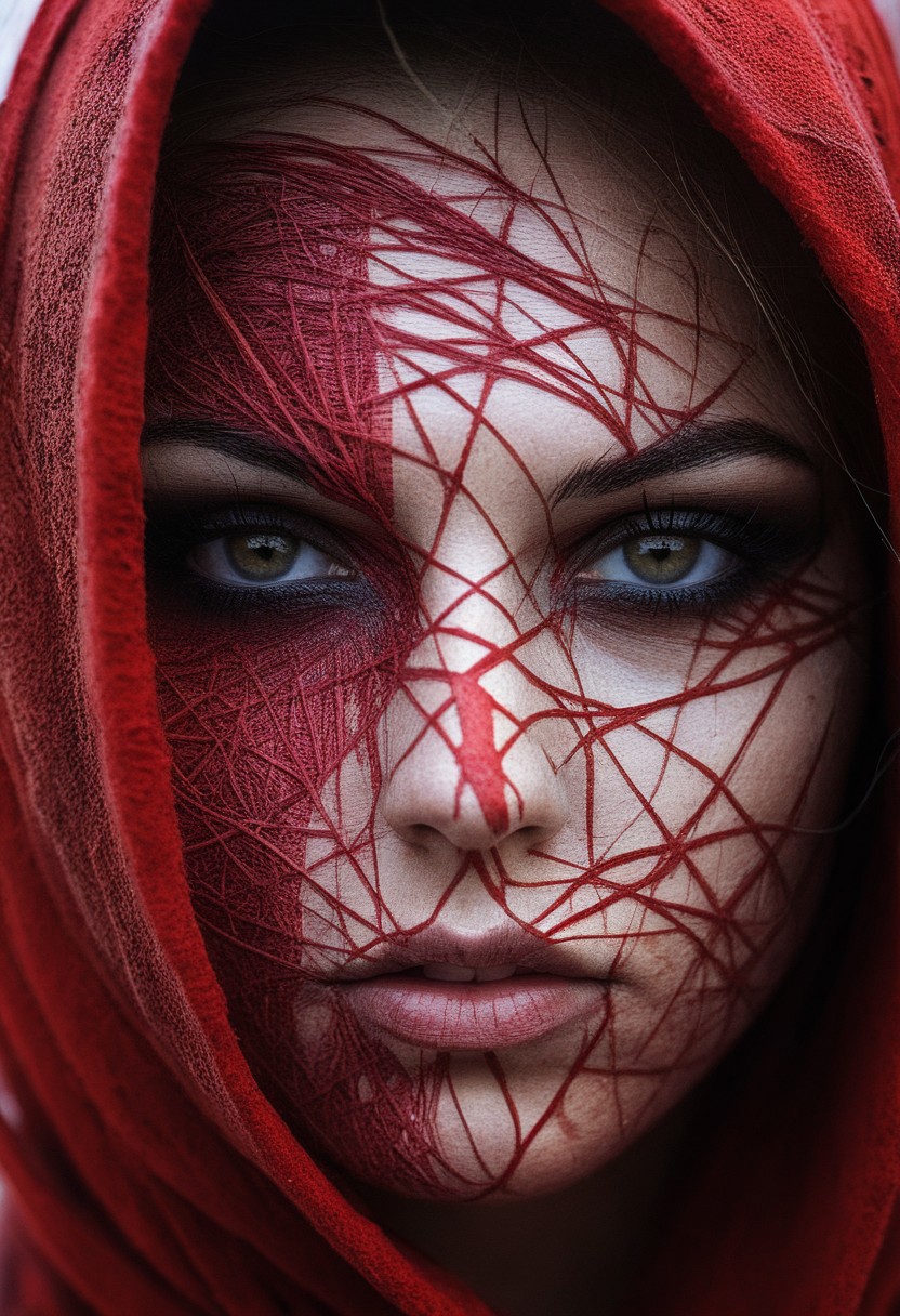 Close-up face, mysterious silhouette of an exotic girl in worn down clothing, red cosmetic over face goddess, alluring, by Minjae Lee, Carne Griffiths, Emily Kell, Steve McCurry, Geoffroy Thoorens, Aaron Horkey, Jordan Grimmer, Greg Rutkowski, amazing depth, double exposure, surreal, geometric patterns, intricately detailed, bokeh,  perfect balanced, deep fine borders, artistic photorealism , smooth,  great masterwork by Suiras  <lora:add-detail-xl:2>  <lora:Double_Exposure:0.5>