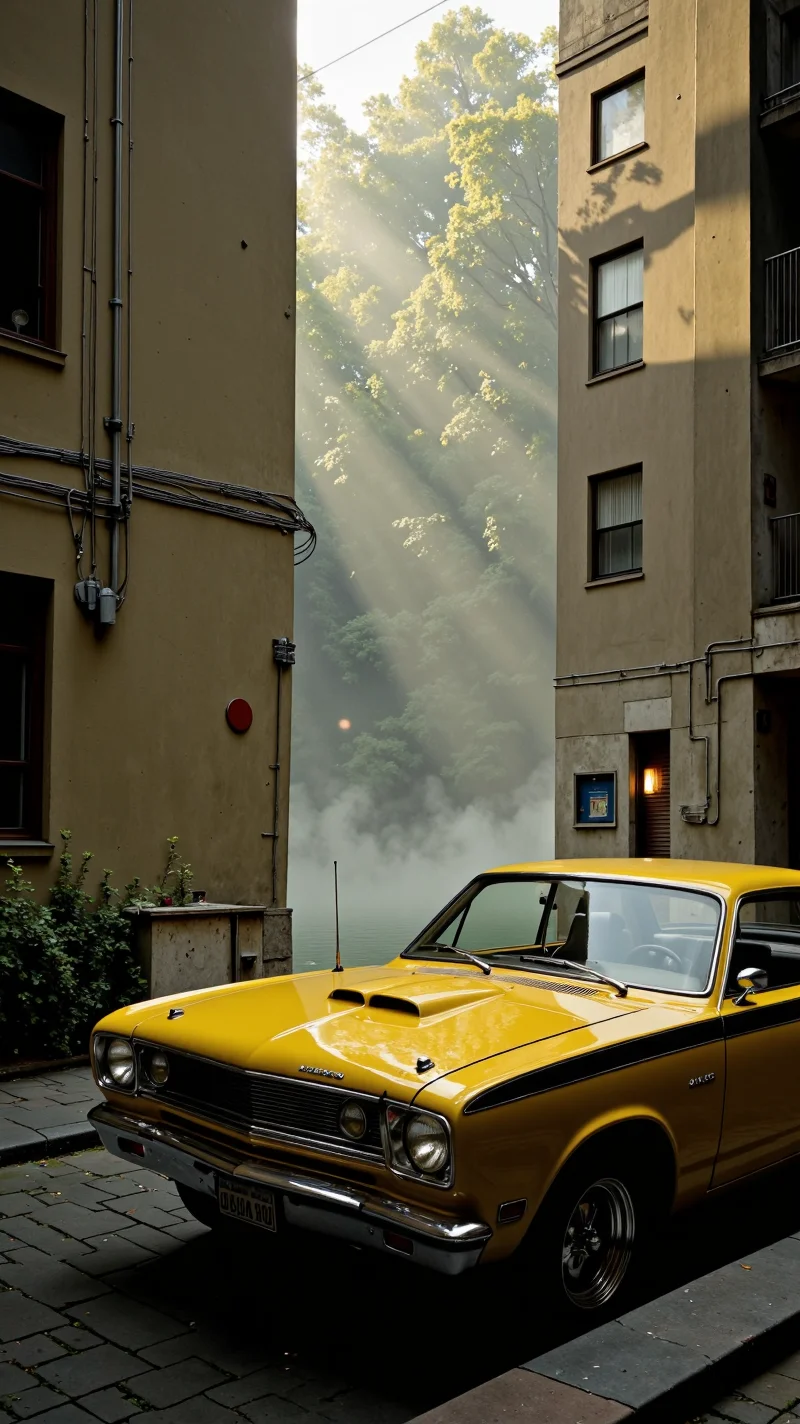 Soft Ghibli Breeze,Urban Alley Peek Shot,Plymouth Duster - Curious Yellow paintjob,Silvery Mist Rising from a Quiet River Background <lora:flux.1_lora_flyway_Epic-detail_v2:1>âââ