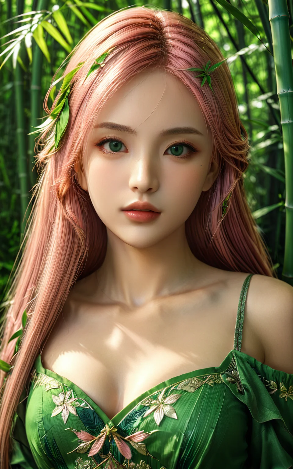 upper_body,bust,<lora:yuukananri-base-02-XL:0.7>,yuukananri,1girl with long pink hair,green eyes,masterpiece,best quality,ultra-detailed,beautiful and detailed eyes,sharp focus,(photorealistic:1.4),green blouse,bamboo forest,realistic,Cinematic Lighting,perfect lighting,<lora:detailed_notrigger:1>,<lora:xl_more_art-full_v1:0.8>,