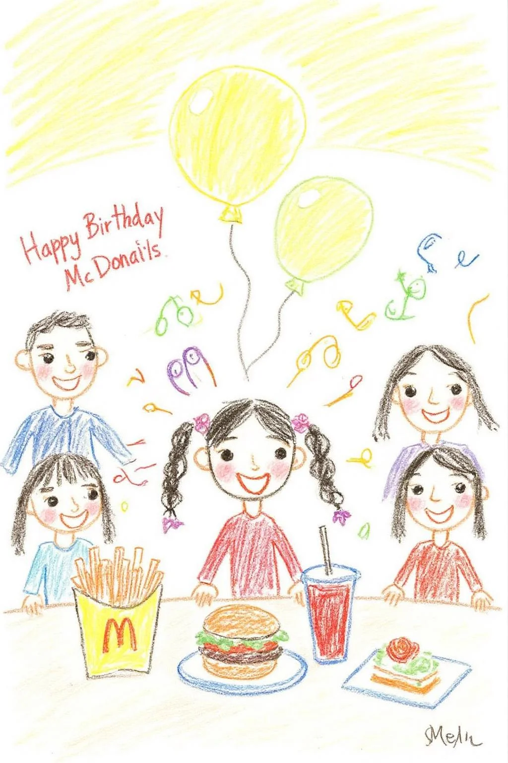 This is a colorful, whimsical drawing, depicting a simple, childlike illustration.
A four-year-old girl with twin pigtails is celebrating her birthday at McDonald's, a place that feels like a magical playground for children. The joy on her face is unmistakable as she sits at a table set with a colorful array of items: crispy McDonald's fries in a bright yellow packet, a refreshing cup of Coca-Cola, and a juicy hamburger wrapped in its iconic packaging. Her pigtails bounce playfully as she moves, adding to the lively atmosphere. The table is also adorned with festive decorations, including balloons and streamers that match the vibrant McDonald's red and yellow color scheme. Family members gather around, their smiles reflecting the warmth and love of the occasion. The lighting inside the restaurant is soft yet bright, creating a welcoming environment that highlights the happiness of the moment. This scene captures the pure delight and excitement of a young child's birthday celebration, set against the backdrop of a beloved fast-food chain, where simple pleasures bring immense joy  <lora:5yocrayon1_cap_d6a3e12:1.0><lora:822106287480319261:0>