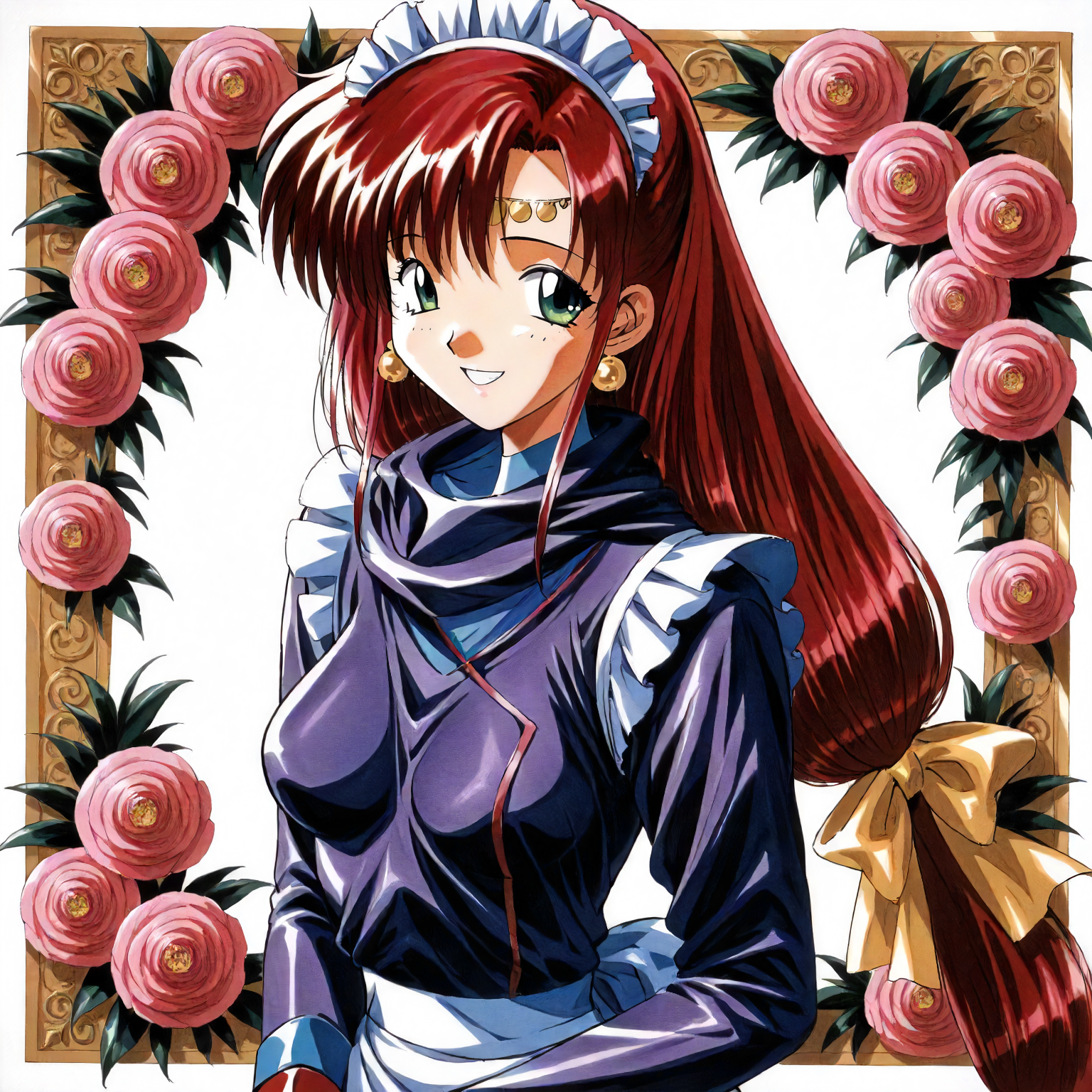<lora:RC_elenoa_ranXLanimagine001>,
masterpiece,high score,great score,absurdres,
flower background,glitter,
smile,
looking at viewer,
solo,
anime coloring,retro artstyle,1990s (style),
elenoa_ran\(rance_series\),1girl,red hair,circlet,low-tied long hair,hair_bow,green eyes,earrings,
cowboy shot,standing,
maid,maid headdress,black shirt,puffy_sleeves,long_sleeves,black skirt,maid_apron,