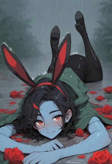 score_9, score_8_up, score_7_up, score_6_up, score_5_up, (art, rain, wet, bunny ears, metal floor, rose, lying, on stomach, legs up, green cape, tattered cape, hood up, tattered shirt, black pants, hair ornament, 1femboy, bob hair, black hair, red streak, blue skin, smile, blush, jungle background)
