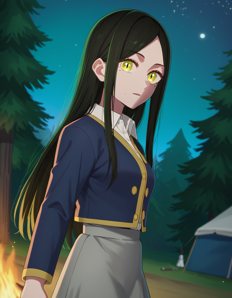 score_9, score_8_up, score_7_up, source_anime, <lora:frill-shiranui-s1s2-ponyxl-lora-nochekaiser:1>, frill shiranui, long hair, bangs, black hair, green eyes, yellow eyes, green hair, mole, mole under eye, mole under mouth, medium breasts,, shirt, jacket, white shirt, collared shirt, blue jacket, long sleeves, skirt, grey skirt,, camping, bonfire, tent, stargazing, marshmallows, forest clearing, night, , looking at viewer, from side, solo,, cowboy shot, dutch angle,