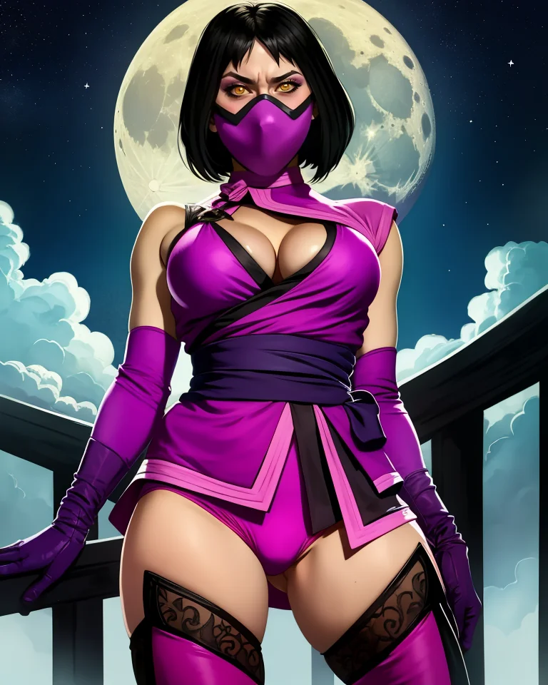 Mileena,short black hair,yellow eyes,looking at viewer,serious,
mouth mask,pink kimono,pink underwear,pink elbow gloves,cleavage cutout,pink thighhighs,
standing,
open bridge,stars,cloudy,moon,(insanely detailed, beautiful detailed face, masterpiece, best quality),<lora:MIleenaMK11:0.8>,dynamic_angle,