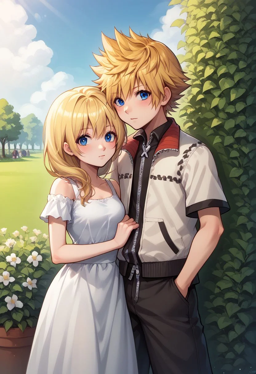 score_9, score_8_up, source_anime, highly detailed, 1girl, 1boy,
namine, 1girl, blonde hair, blue eyes, dress, sundress, BREAK
roxas, 1boy, zipper, spiked hair, blue eyes, jewelry, blonde hair, pants, short sleeves,
outdoor, garden, blush, posing for a photo, upper body,