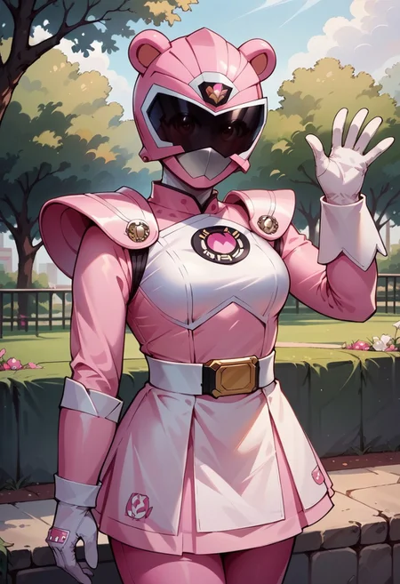 score_9, score_8_up, score_7_up, score_6_up, 1girl, pink bear themed ssentai helmet, black visor, pink ssentai bodysuit, medium breasts, white gloves, waving, white ssentai belt, pink ssentai skirt, ssentai shoulder armor, portrait, in park, Style-DoF, hands