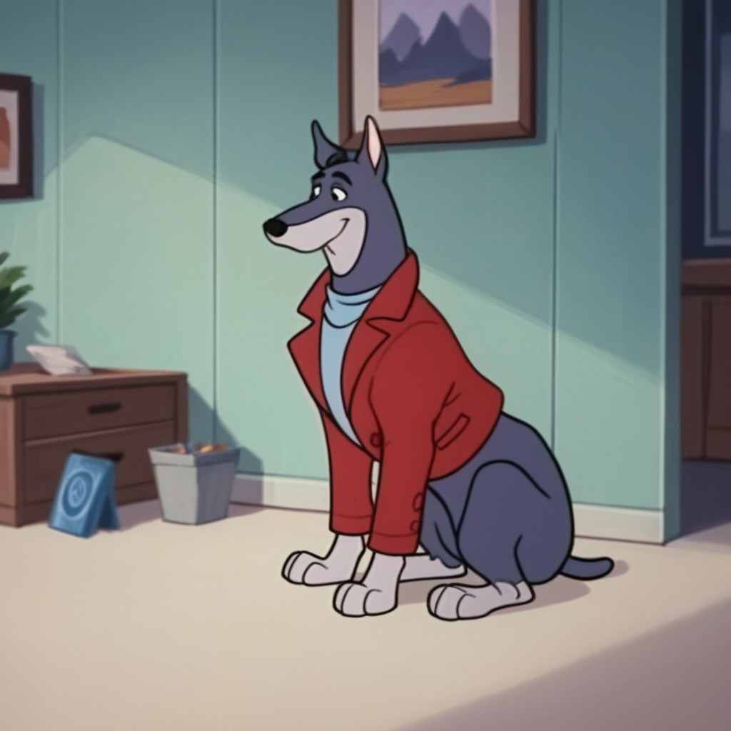 score_9, score_8_up, score_7_up, score_6_up, score_5_up, score_4_up, source_furry, dynomuttHB, feral, male, Doberman, Blue-gray fur, black eyes, red jacket, inside, solo, 1boy