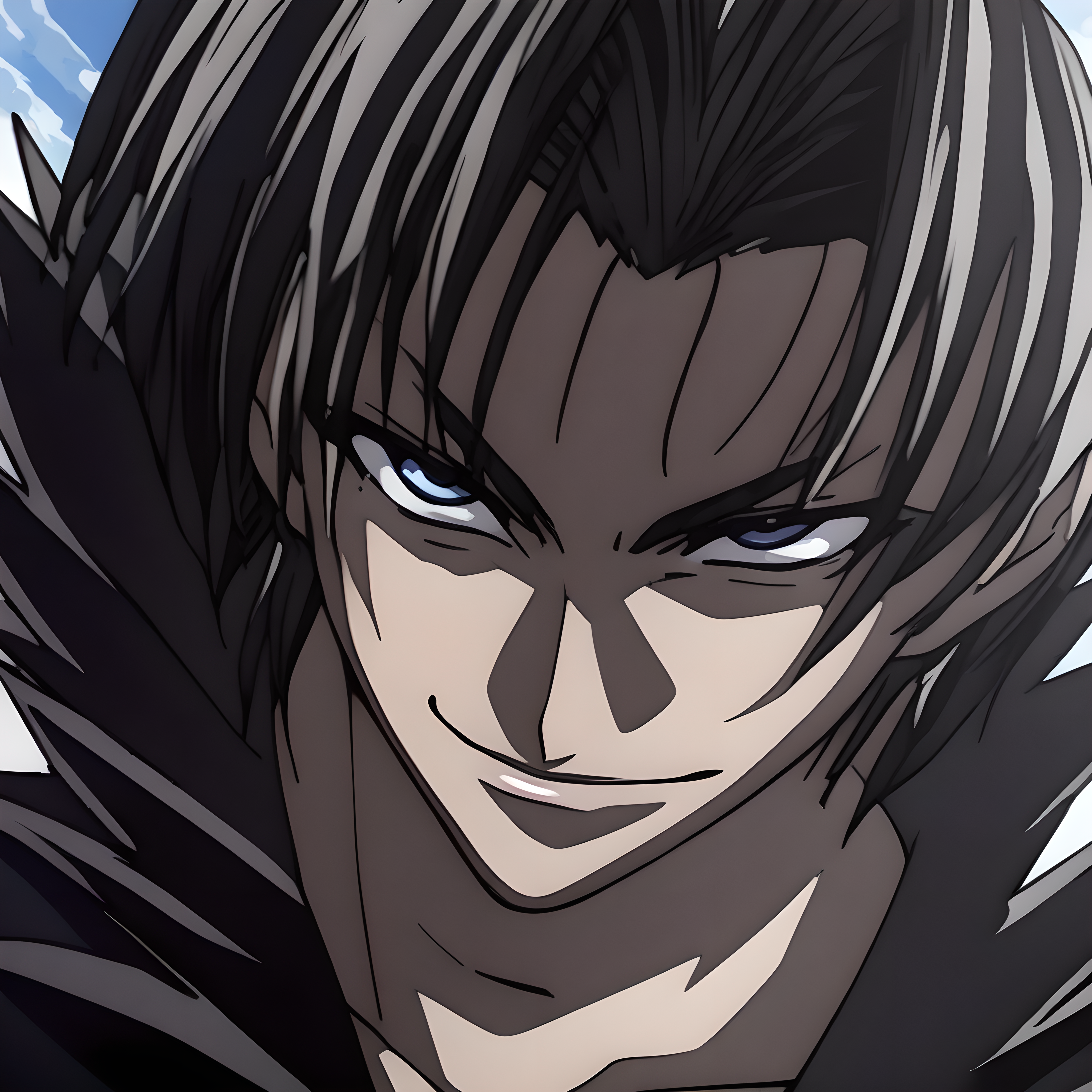 (masterpiece),(best quality),(ultra-detailed),(best illustration),(best shadow),(absurdres),(detailed background),(very aesthetic), creed diskenth, solo, close-up, looking at viewer, blue eyes, 1boy, black hair, eye focus, male focus,  smirk<lora:creeddiskenthv1:1>