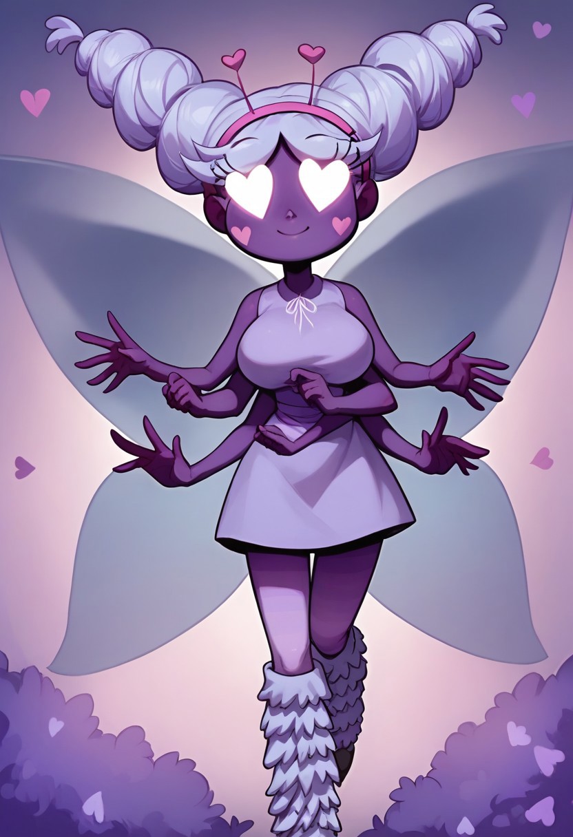 BREAK Score_9, Score_8_up, Score_7_up, source_cartoon, huge breasts, mewberty_star, smile, purple skin, pale lavender hair, up in two buns, bright heart eyes, pink heart on each cheek, six arms, large purple butterfly wings, antennae, pale lavender sleeveless dress, pale lavender leg warmers,