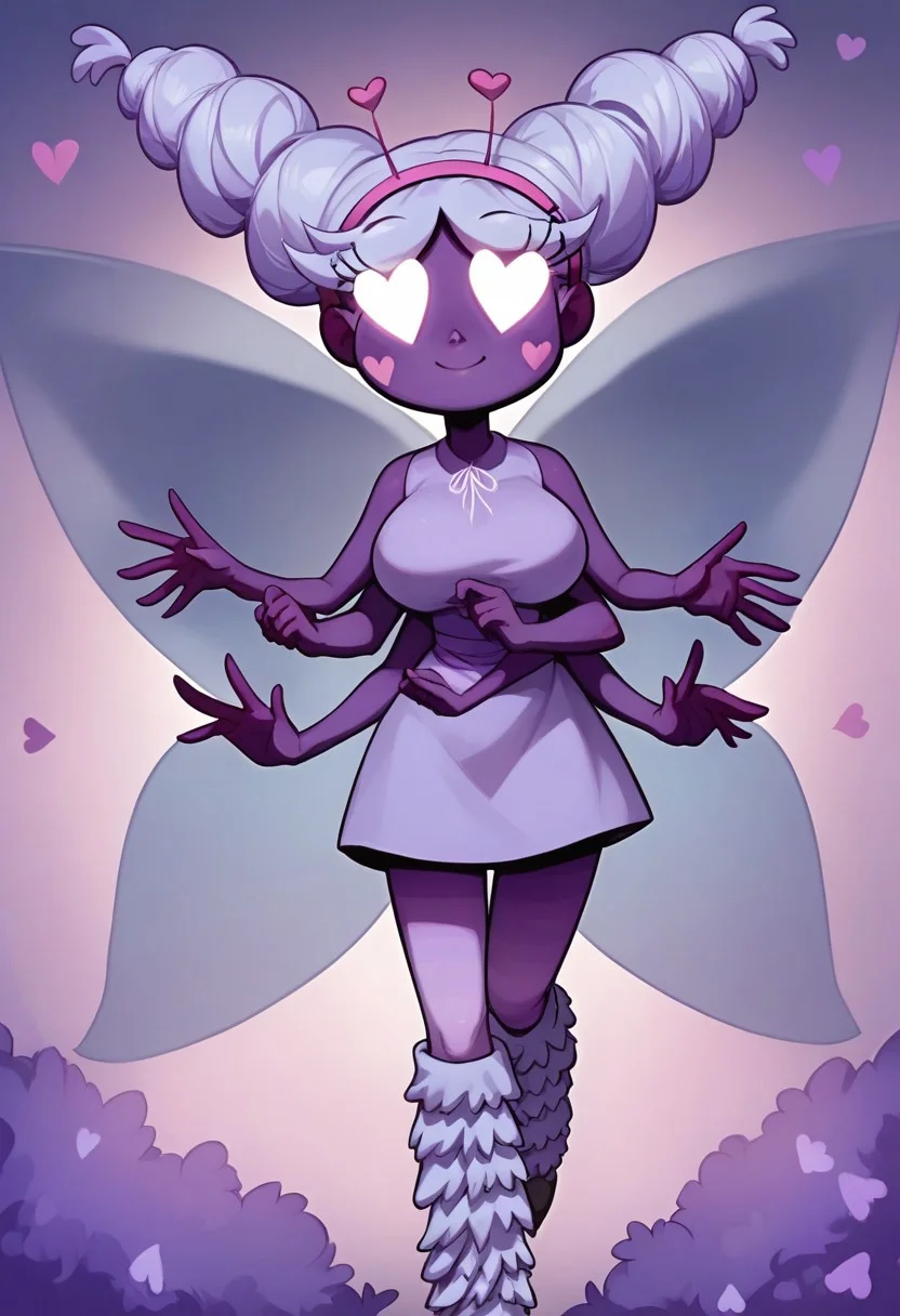 BREAK Score_9, Score_8_up, Score_7_up, source_cartoon, huge breasts, mewberty_star, smile, purple skin, pale lavender hair, up in two buns, bright heart eyes, pink heart on each cheek, six arms, large purple butterfly wings, antennae, pale lavender sleeveless dress, pale lavender leg warmers,