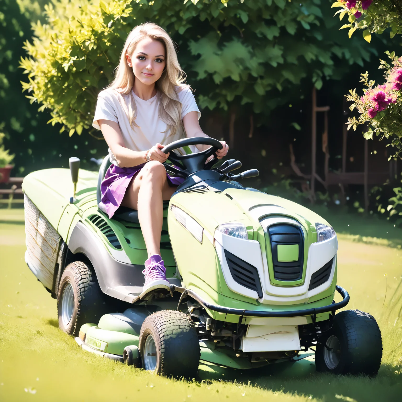 score_9, score_8_up, score_7_up, rilamo (front view) , (slim 25yo female) riding a lawn mower. purple short skirt, white blouse, sneakers , long blonde hair <lora:RideLawnMowerPony:1>