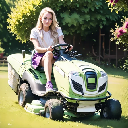 score_9, score_8_up, score_7_up, rilamo (front view) , (slim 25yo female) riding a lawn mower. purple short skirt, white blouse, sneakers , long blonde hair <lora:RideLawnMowerPony:1>