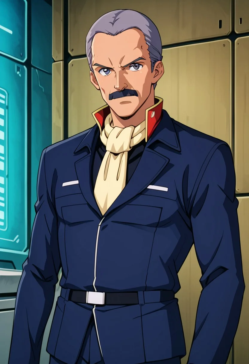 score_9, score_8_up, score_7_up, source_anime, cowboy shot, front view, BREAK, ( hardie_steiner, grey eyes, grey hair, moustache, looking at viewer, serious expression, mouth slightly open, blue zeon suit, pale yellow scarf, ) 1boy, male focus, solo, BREAK, futuristic office, zeon symbol on wall, control panel, cabinet, digital panels, detailed futuristic wall,