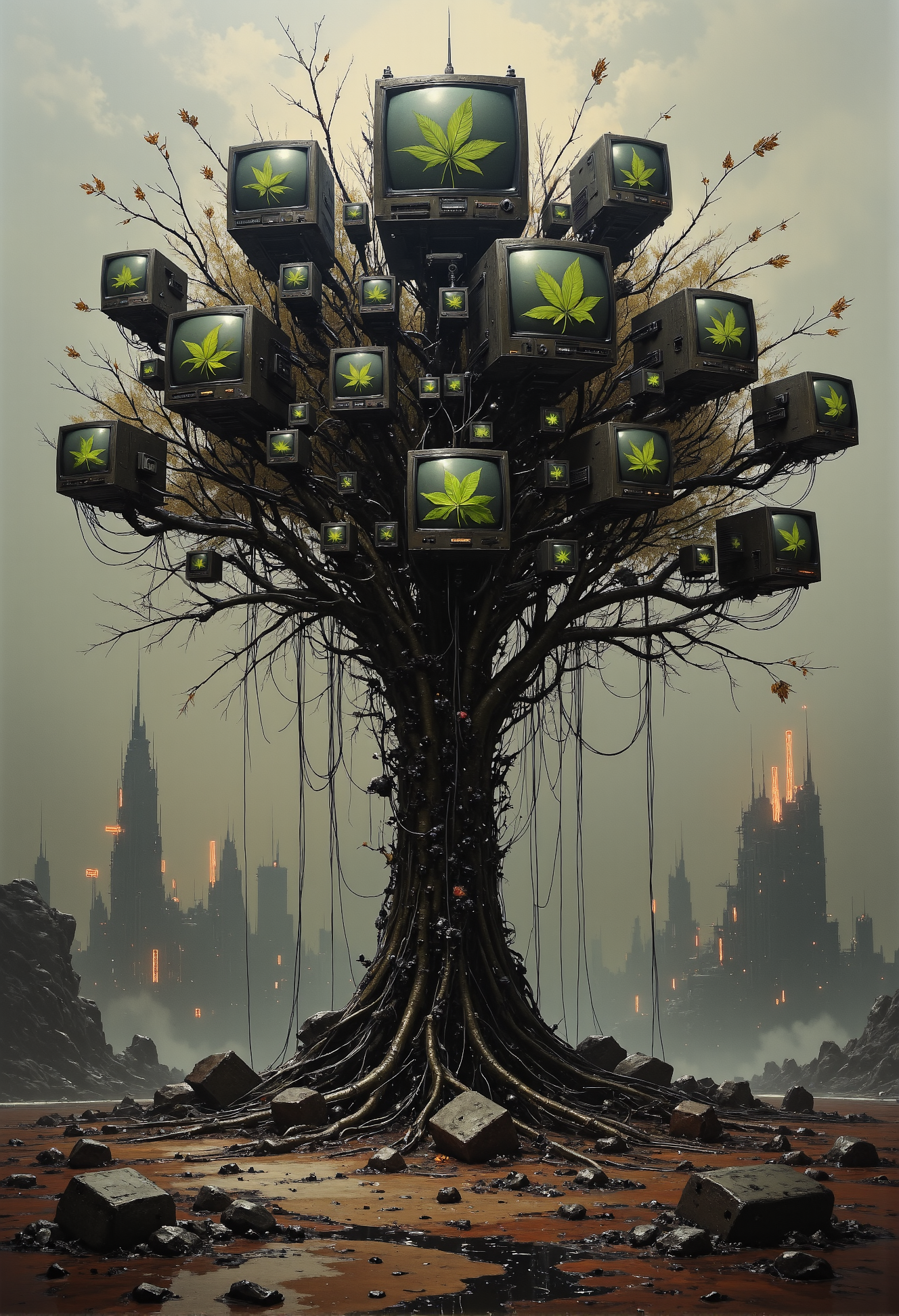 A cyberpunk scene set in a dystopian landscape, featuring a hauntingly unique tree constructed of metallic branches intertwined with tangled electrical wiring. The tree is devoid of leaves, its gnarled limbs instead adorned with countless old CRT monitors of varying sizes. Each monitor flickers with a static glow, displaying fragmented yet synchronized images of a single large green leaf, as if attempting to replicate life in this bleak, artificial world. The ground is cracked and barren, littered with rusted debris, while neon hues from distant, decaying city structures cast an eerie glow through the smog-filled air. The atmosphere feels heavy and surreal, blending the remnants of nature with the stark, cold essence of technology. <lora:artisketchyfs-v02.safetensors:0.5>,  <lora:NotTheRealWorld-v55-000010.safetensors:0.3>,  <lora:we-br-v2.safetensors:1.0>,