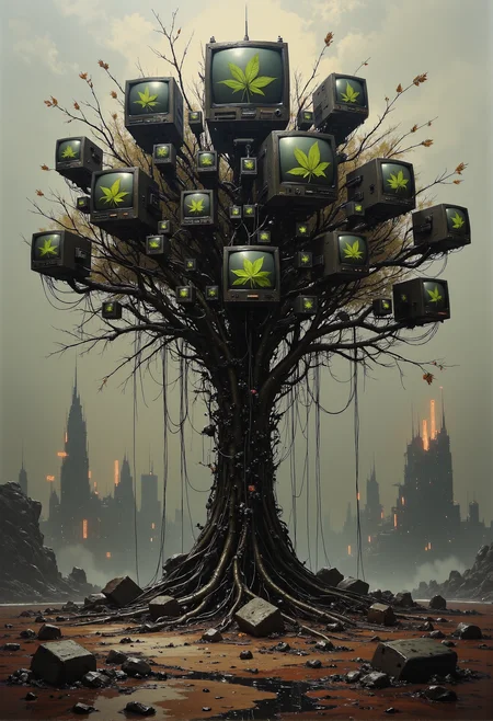 A cyberpunk scene set in a dystopian landscape, featuring a hauntingly unique tree constructed of metallic branches intertwined with tangled electrical wiring. The tree is devoid of leaves, its gnarled limbs instead adorned with countless old CRT monitors of varying sizes. Each monitor flickers with a static glow, displaying fragmented yet synchronized images of a single large green leaf, as if attempting to replicate life in this bleak, artificial world. The ground is cracked and barren, littered with rusted debris, while neon hues from distant, decaying city structures cast an eerie glow through the smog-filled air. The atmosphere feels heavy and surreal, blending the remnants of nature with the stark, cold essence of technology. <lora:artisketchyfs-v02.safetensors:0.5>, <lora:NotTheRealWorld-v55-000010.safetensors:0.3>, <lora:we-br-v2.safetensors:1.0>,