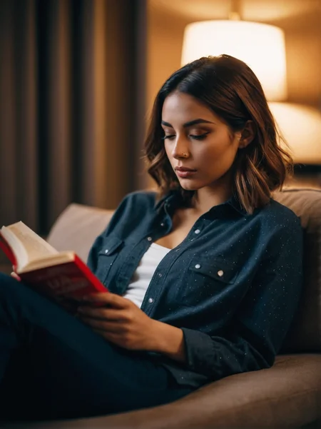 A dynamic cinematic photograph of Anna_Bianchi_P_MXAI_SDXL , wearing comfortable clothes, sitting on a couch, reading a book, shadows, relaxed, elegant,, SK_CINEMATIC, ziprealism