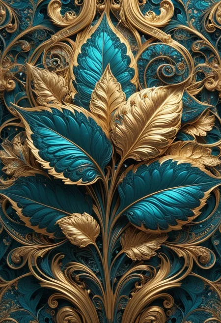 photo of a paisley pattern, boteh, paisley, teal blue, shining gold leaf, almond, entwined paislies, official art, aesthetic, dynamic angle, hyper detailed, order and chaos, vibrant colors, high contrast, (extremely detailed, intricate details, masterpiece, best quality, 8k wallpaper:1.4), dramatic lighting, (dark teal and gold palette:1.2), twisting paisley