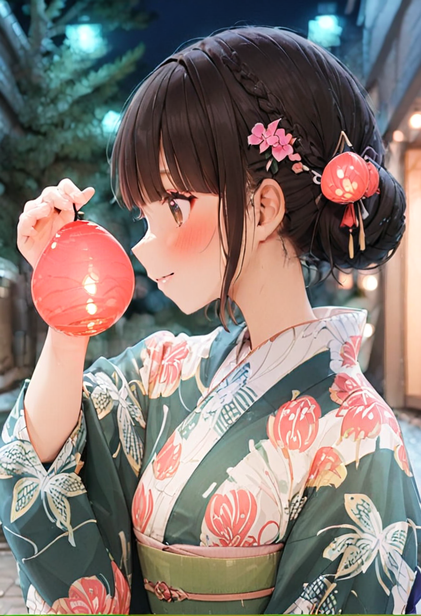 masterpiece, best quality, very aesthetic, absurdres,
mizufusen, 1girl, japanese clothes, solo, glasses, yukata, hair ornament, flower, hair flower, holding, smile, upper body, profile, bangs, sash, floral print, black hair, hand up, obi, blunt bangs, closed mouth, from side, braid, blush, pink flower, green kimono, night, summer, paper lantern, blurry background, 
 <lora:mizufusen_SDXL_V1:1>
