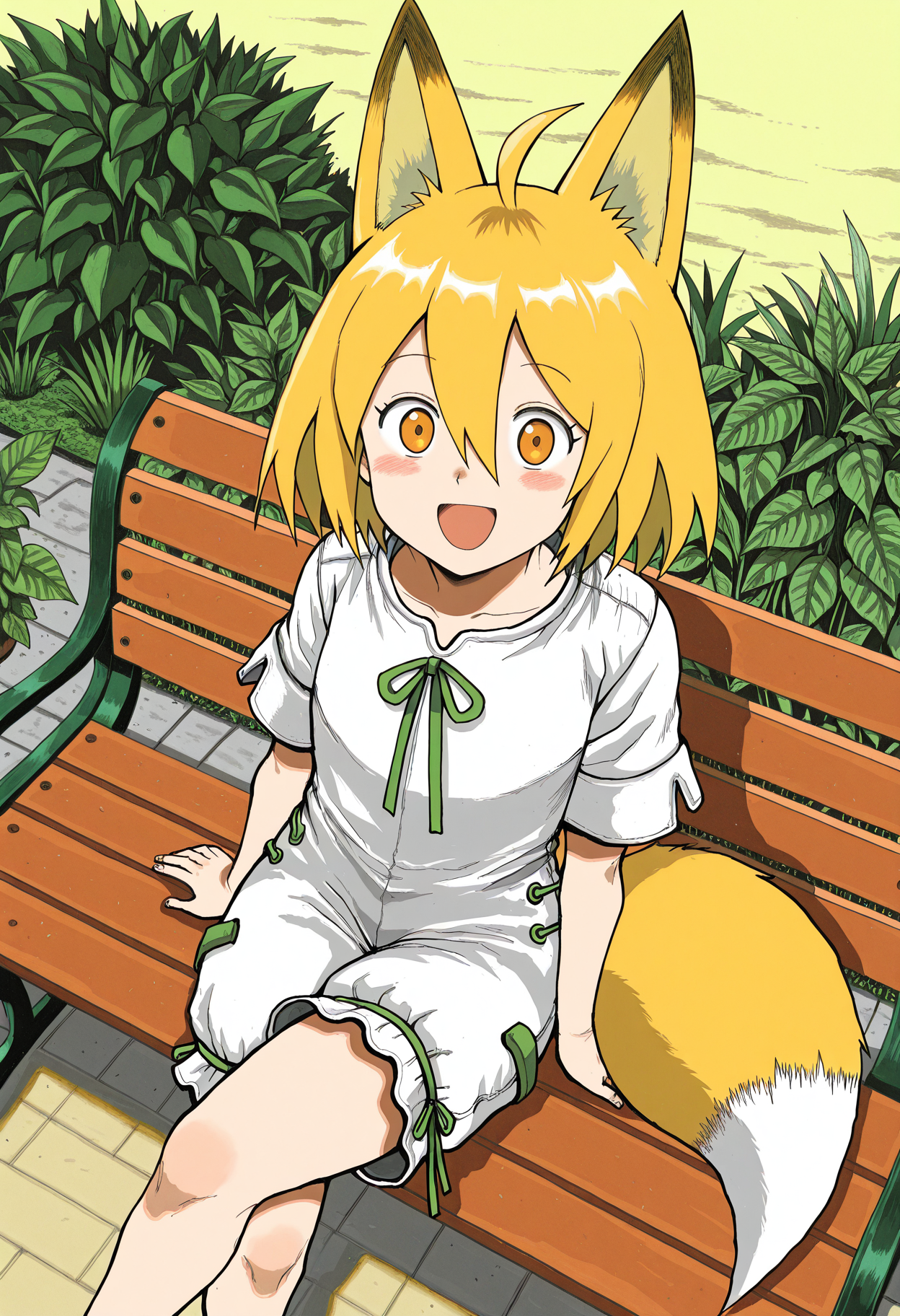1girl, solo, fox ears, fox tail, hair between eyes, short hair, blonde hair, bangs,
romper, open mouth, smile, green ribbon, short sleeves, looking at viewer, blush,
garden, sitting on bench, crossed legs, from above,
<lora:QHayashidaIL-style:1>, qhayashidastyle312,masterpiece,best quality,amazing quality,
