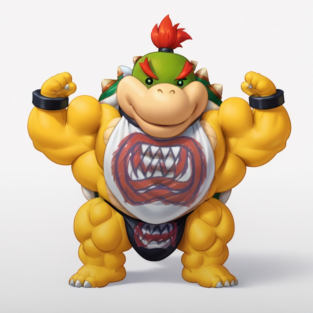 1boy, solo, masterpiece, (flatcolor, 2d art, simple shading), male, anthro, tail, JBowser, open eyes, (huge muscles, gigantic body, huge pecs, biceps, thick thighs), (thick neck, wide neck, muscular neck), (flexing), wearing black speedo, big bugle, (shortstack:1.5)