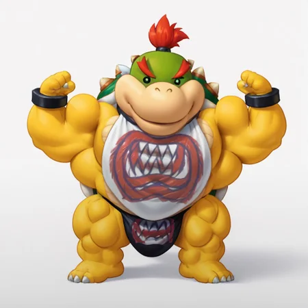 1boy, solo, masterpiece, (flatcolor, 2d art, simple shading), male, anthro, tail, JBowser, open eyes, (huge muscles, gigantic body, huge pecs, biceps, thick thighs), (thick neck, wide neck, muscular neck), (flexing), wearing black speedo, big bugle, (shortstack:1.5)