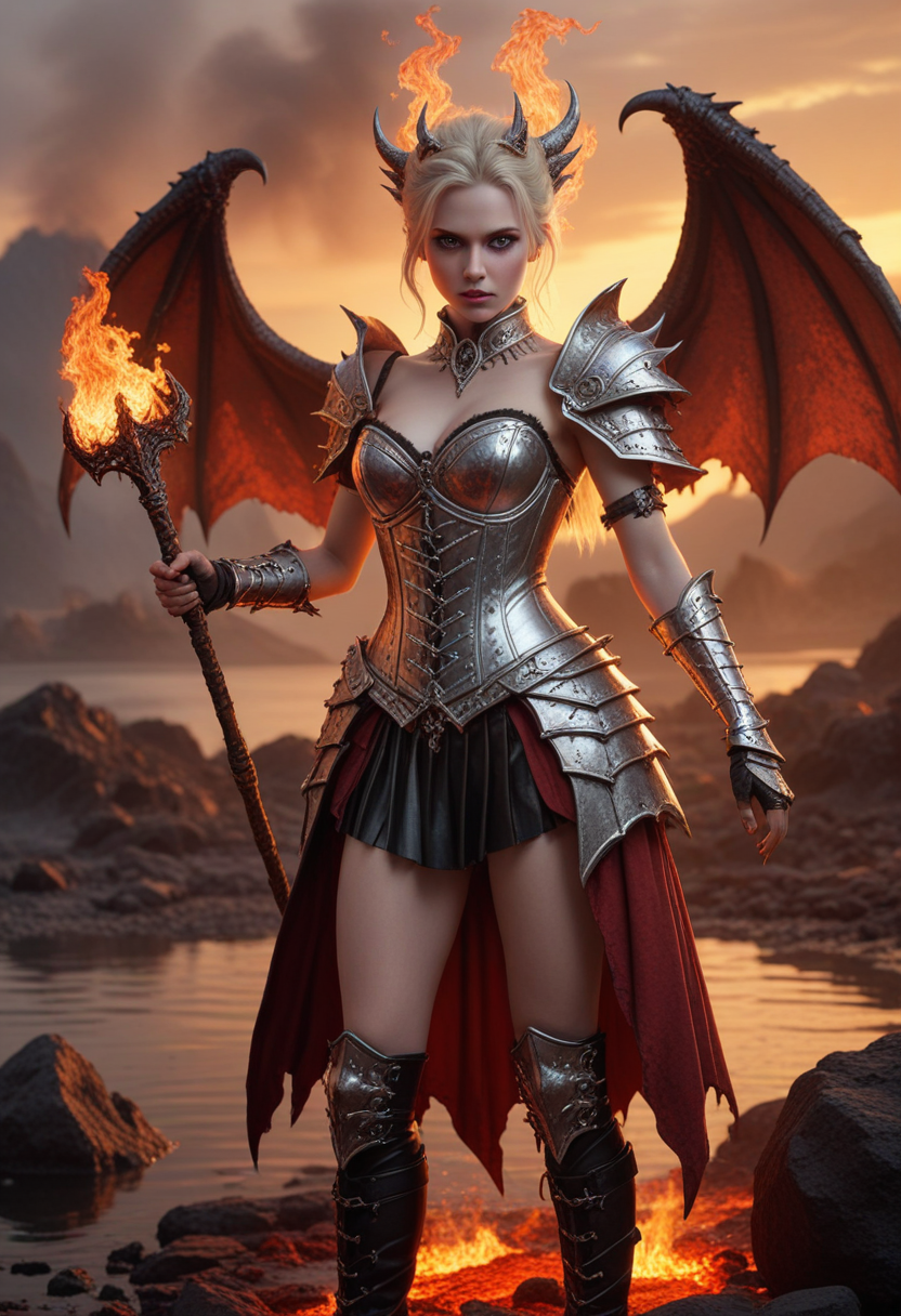 (medium full shot) of  (fatal demon) young woman, swedish, blue eyes, fair skin, pale skin, glowing white eyes, willowy, short blonde french twist hair,  wearing Silver-plated demon armor adorned with intricate engravings, a corset-style top, armored skirt, knee-high boots, twisted crown of bones,  leathery red wings edged with ethereal flames, wielding a serrated hell axe,  set in  Lakeside Platform, Jagged rocks encircle a bubbling lake of molten lava, wisps of smoke rising from the fiery surface, the air heavy with the scent of sulfur , at sunset, surprised, open mouth, pointing her finger at the viewer, Masterpiece,best quality, photorealistic, amazing quality, very aesthetic, extremely detailed face,