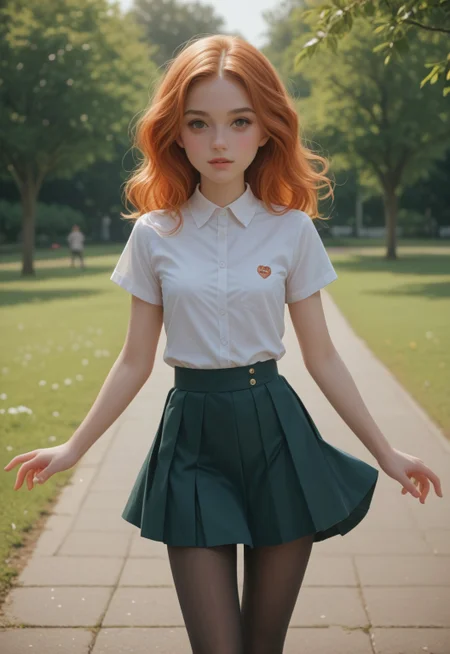 safe_pos, score_9_up, scorscore_9_up, score_8_up, score_7_up, 1girl, young, pretty face, bellissima, sexy, flowing ginger hair, skirt, pantyhose, blush, at a park, incoming hug, depth of field.

