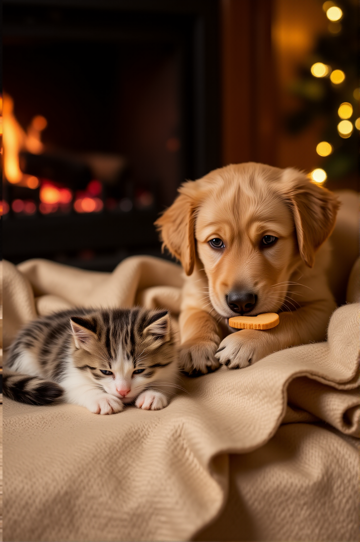 A fluffy kitten sleeps on a cozy, warm blanket beside a crackling fireplace. A golden retriever puppy sits beside it, gently holding a tiny, heart-shaped cookie in its mouth. The soft glow of fairy lights twinkle in the background, creating a golden, warm ambiance in the room.
<lora:paws-and-hearts-flux:1>