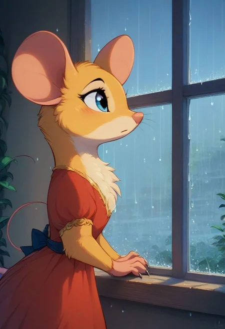 score_9, score_8_up, score_8, solo, fluffy, (feral), indoors, (((mouse))), female, blue eyes, yellow fur, chest, claws, (fluffy cheeks:0.7), (red dress), in the style of beatrix potter, j_cartoon, (looking out of a window:2), (upper body shot), (side view:1.2), (rain), (solo:2),