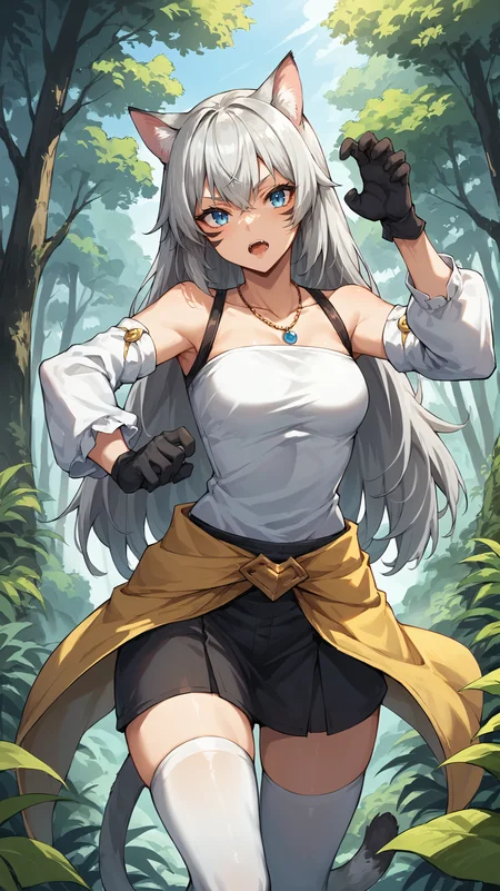 score_9,score_8_up,score_7_up,score_6_up, source_anime, zPDXL, <lora:xl_more_art-full_v1:0.5>, woman, dynamic pose, <lora:Suphia - Pony-000004:0.7>, white shirt, long hair, gray hair, cat ears, blue eyes, necklace, yellow waist cape, detached sleeves, black face markings, black miniskirt, white thighhighs, cat tail, black gloves, claw pose, tropical forest, hiding in shadows, tree shade,