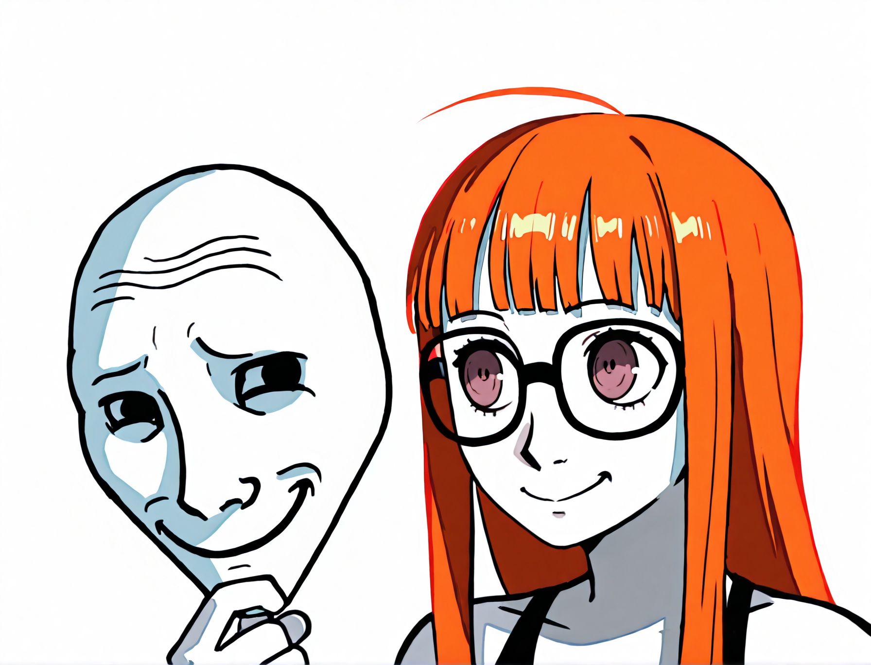 toon \(style\), 2d,
<lora:Wojak_style:1.1>Wojak style,
1girl,solo,holding mask,  
mask,holding,wojak mask,  under wojack mask,holding mask,
Wojak style,  smile, 
sakura futaba,
persona 5, 
white background, simple background, 
white skin,ugly man,