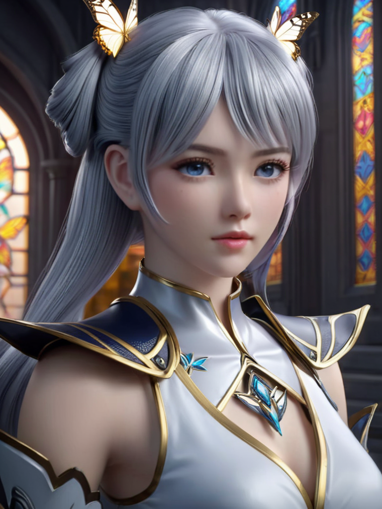best quality, masterpiece, extremely detailed cg 8k wallpaper,skin gloss,light persona, (extremely delicate and beautiful),1girl, solo,pefect face,, white background, realistic, simple background, twintails, upper body, blue eyes, hair rings, armor, lips, grey eyes, shoulder armor, long hair, grey hair, detached sleeves <lora:HanXue_SDXL-000008:0.6>, 8k portrait,of beautiful girl white cyborg,elegant,majestic,digital photography,art by artgerm and ruan jia, surreal painting butterfly,highres,focus,colorful,paint,illustration,glow,impossible figures,paradoxical art,paradox,impossible geometry,hypercube,abstract fantasy castle,Beautiful Psychedelic Trippy White Intricate Detailed Elaborate,<lora:3DMM_V12:0.7>,<lora:LowRA:0.7>,