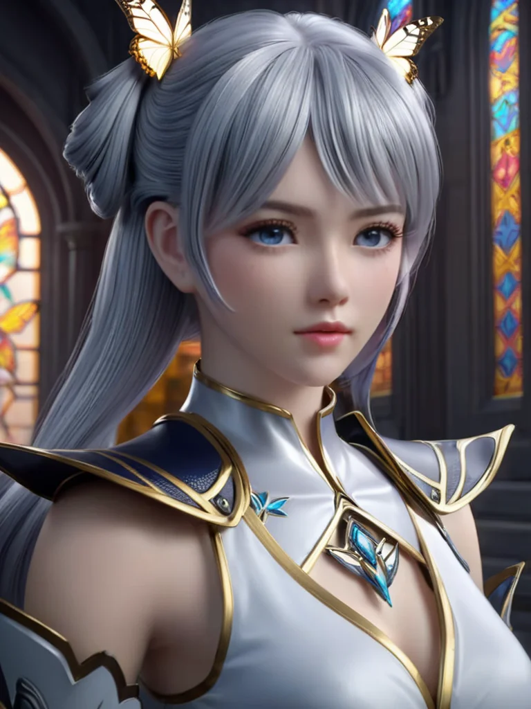best quality, masterpiece, extremely detailed cg 8k wallpaper,skin gloss,light persona, (extremely delicate and beautiful),1girl, solo,pefect face,, white background, realistic, simple background, twintails, upper body, blue eyes, hair rings, armor, lips, grey eyes, shoulder armor, long hair, grey hair, detached sleeves <lora:HanXue_SDXL-000008:0.6>, 8k portrait,of beautiful girl white cyborg,elegant,majestic,digital photography,art by artgerm and ruan jia, surreal painting butterfly,highres,focus,colorful,paint,illustration,glow,impossible figures,paradoxical art,paradox,impossible geometry,hypercube,abstract fantasy castle,Beautiful Psychedelic Trippy White Intricate Detailed Elaborate,<lora:3DMM_V12:0.7>,<lora:LowRA:0.7>,