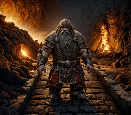 RAW photo, (masterpiece:1.3), subsurface scattering, heavy shadow, (high quality:1.4), (intricate, high detail:1.2), professional photography, HDR, High Dynamic Range, realistic, ultra realistic, photorealistic, high resolution, film photography, ambient lighting, atmospheric effects, <lora:detail_slider_v4:2>, OverallDetail, a dwarven warrior in intricate armor, on a stone (bridge) in underground cave, lava, fire, dwarven mine, Moria,  <lora:Bridge:0.66>, dwarfwarrior, <lora:DwarfWarrior:0.5>, looking at viewer, epiCPhoto