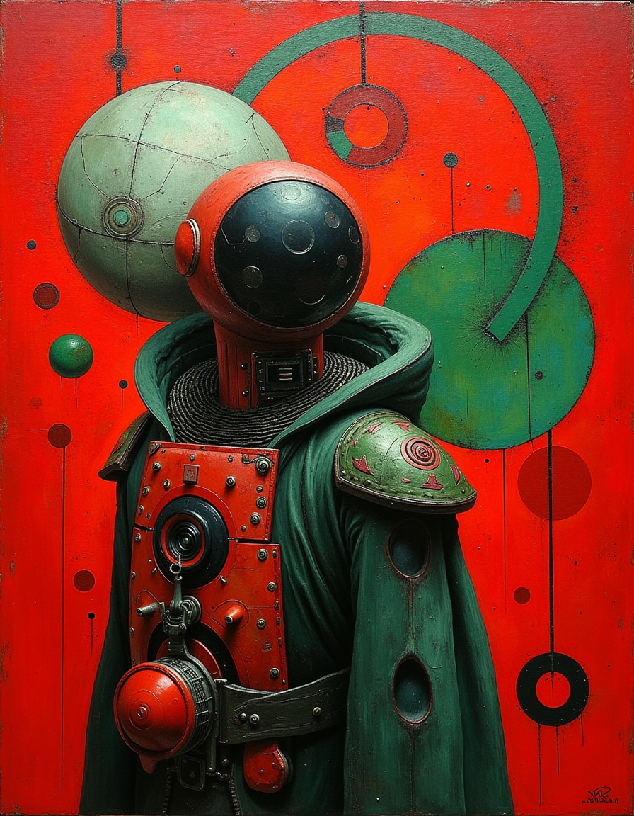 red and green and white and black, oil painting, sharp focus, (biopunk:1) and (dark fantasy:1) and (retrofuturism:1),
saturated dirt color background. 
kandinsky geometric shapes on background.
in the style of Gerald Brom and Joseph Cross.
The painting features dark tones, high contrast, clean lines, high resolution, and high detail. <lora:style_of_Wassily_Kandinsky_FLUX_287:0.75>