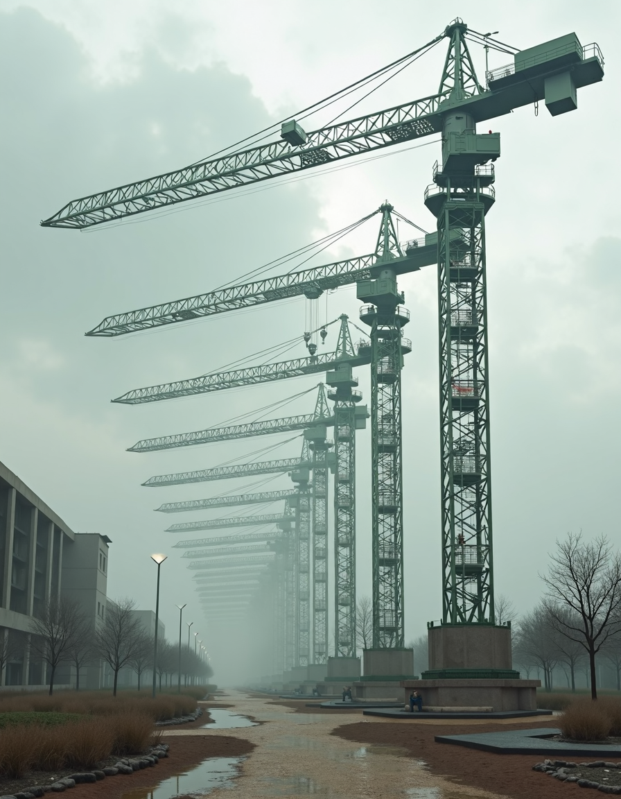 universal constructor factories building anything from base matter, n-dimensional folding space origami meditation gardena series of interlocking construction cranes, the cranes are white and dark green, each crane has multiple vertical rows of identical cranes, the cranes are tall and extend outward, all cranes have a similar design, the cranes have a n-dimensional look with intricate patterns, there is a large building visible in the background on the left side of the image, the sky above is overcast with gray clouds, no humans are present, the scene appears to be set in a building or landscape, the overall color scheme is monochromatic with shades of gray and light brown, some areas of the image have