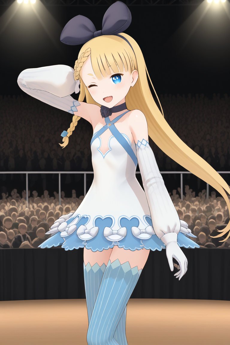 1girl, crowd, aliciasolidnnd, blonde hair, very long hair, braid, hair bow, hairband, blue eyes, symbol-shaped pupils, choker, criss-cross halter, dress, detached sleeves, gloves, vertical-striped thighhighs, standing, open mouth, smile, dancing, stage, concert, audience, cowboy shot, wink, from side, dynamic pose,