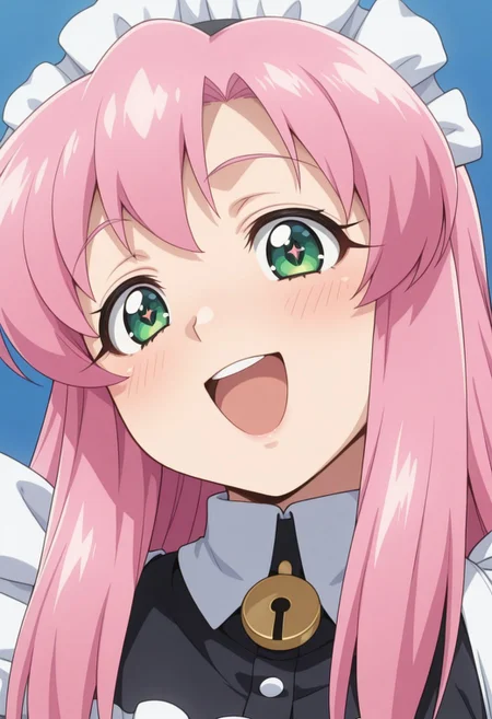 1girl,solo,cute,
Kaname Sakura pink hair, long hair, green eyes
maid, maid apron, maid headdress,small breats,
smile happy cheerful bright_eyes open_mouth_smile blush sparkling_eyes joyful_expression uplifted_eyebrows rosy_cheeks
looking at viewer,portrait
Simple blue background,(soft focus:1.3),
masterpiece, amazing quality, best quality, ultra-detailed, 8K, illustration, CG, shiny hair, clear skin, ultra-detailed-eyes, eyelashes, highly detailed,