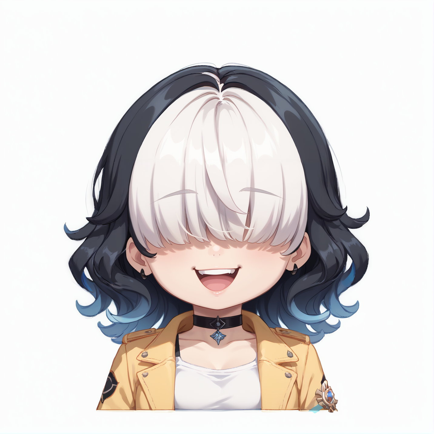 score_9, score_8_up, score_7_up, rating_safe, zPDXL2,  zPDXLxxx, zPDXL3, source_anime, <lora:GenshinChibi:1.3>, 
(GenshinChibi, chibi:1.2), <lora:OC5:1>, oc5comm, (medium hair:1.1), wavy hair, black hair, white hair, multicolored hair, white tanktop, yellow jacket, choker, open jacket, open jacket, 
hair over eyes, :d, happy, 
peace sign, black nails, 
simple background, white background,