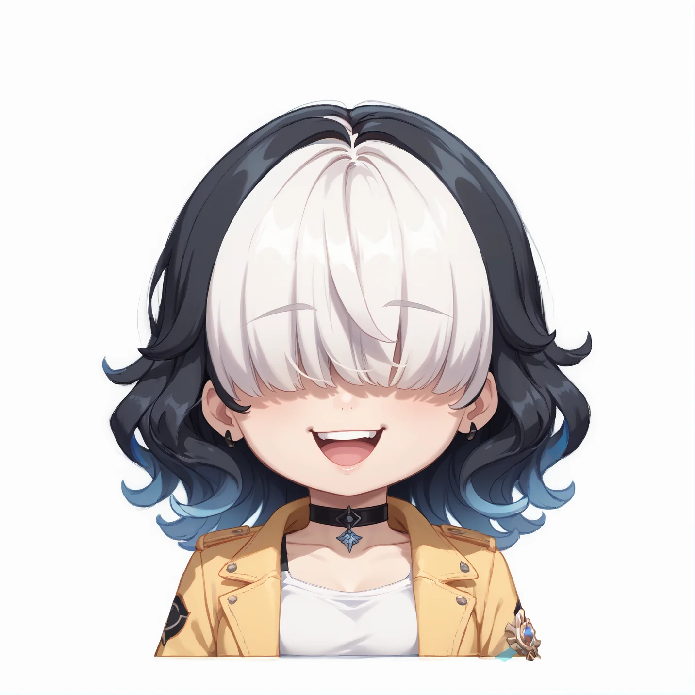 score_9, score_8_up, score_7_up, rating_safe, zPDXL2,  zPDXLxxx, zPDXL3, source_anime, <lora:GenshinChibi:1.3>, 
(GenshinChibi, chibi:1.2), <lora:OC5:1>, oc5comm, (medium hair:1.1), wavy hair, black hair, white hair, multicolored hair, white tanktop, yellow jacket, choker, open jacket, open jacket, 
hair over eyes, :d, happy, 
peace sign, black nails, 
simple background, white background,