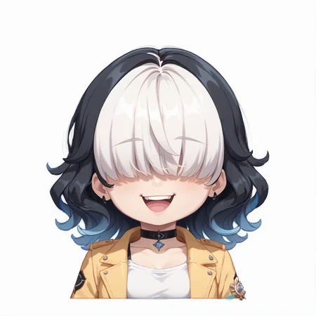 score_9, score_8_up, score_7_up, rating_safe, zPDXL2, zPDXLxxx, zPDXL3, source_anime, <lora:GenshinChibi:1.3>,
(GenshinChibi, chibi:1.2), <lora:OC5:1>, oc5comm, (medium hair:1.1), wavy hair, black hair, white hair, multicolored hair, white tanktop, yellow jacket, choker, open jacket, open jacket,
hair over eyes, :d, happy,
peace sign, black nails,
simple background, white background,