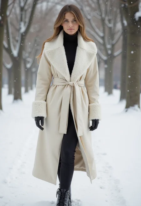 full body shot, beautiful woman, clo023, wearing a closed longline cream coat, shearling collar and cuffs, belted at the waist, black trousers, warm boots, standing in the snow in apark, snowing