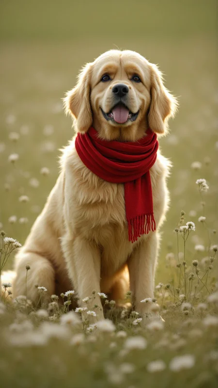 A golden retriever puppy sitting in a field of flowers, wearing a tiny red scarf, looking up with bright, innocent eyes.
, aidmafluxpro1.1 <lora:aidmaFLuxPro1.1_v0.3_IL:0.7>