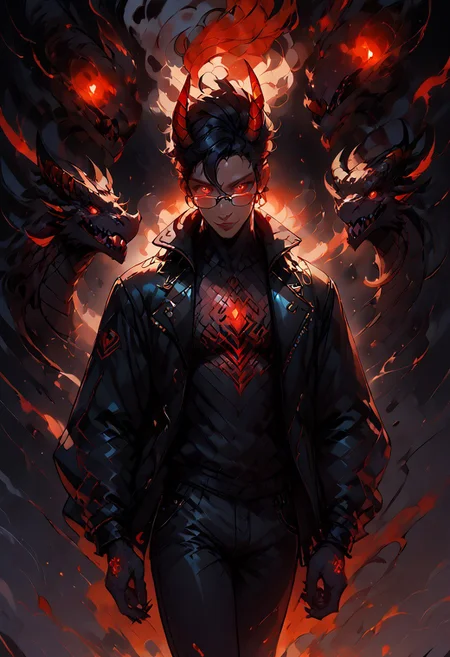 ((score_9, score_8_up, score_7_up,score_9, score_8_up, score_7_up)), (Masculine, Light/tan skin, Toned and 6'5 feet tall:1.4), 24 years old, Handsome face, smile face, perfect face, (((Black hair with neon red highlights))), ((Glowing neon Gold irises)), (Neon Red pupils), (White Sclera), shiny skin, Curley short haircut, ((2 spiral red horns)), (((Demon))), (Large muscle build), gages in ears, Neon tattoos on arms, wild hair, toned hips, ((fit look, large intelligent glasses)), ((Long Blue leather coat, dragon scale coat, black vest, black shirt, black pants)), shiny skin, dark aura, small light, warm lighting, (no nsfw) , stools, cowboy shot, dark dimension, black background, empty space, stars, dynamic action: one hand opened, (((explicit, beam, sole hyper bottomless hole, both her wings hole shooting one strong giant thick purple beam by absolute straight line,))), focus on hand