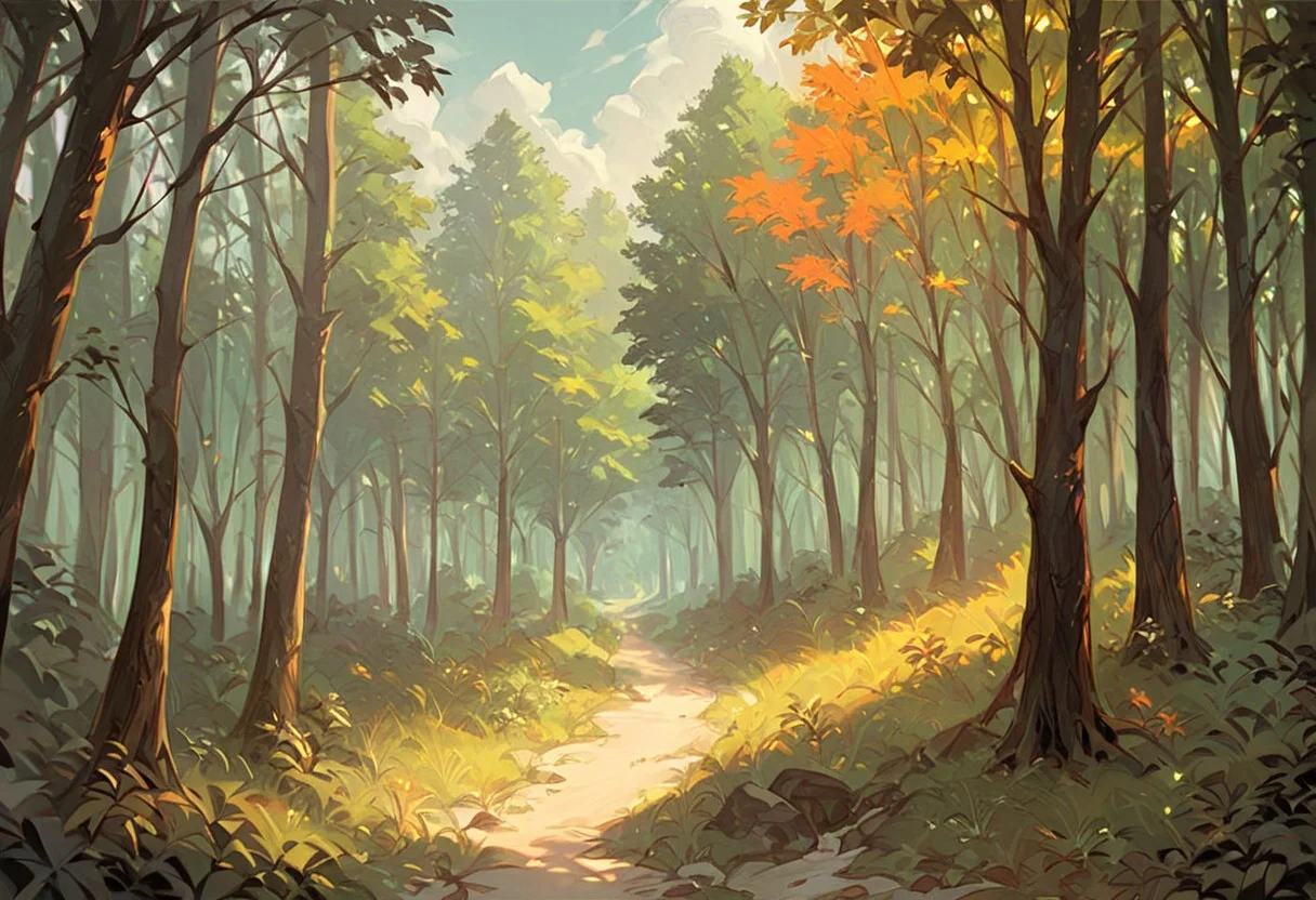 score_9, score_8_up, score_7_up, score_6_up, lanscape, very Peaceful, forest, large and tall trees, giant forest, sunset central focus is an ancient old oak tree