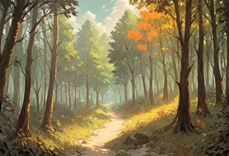 score_9, score_8_up, score_7_up, score_6_up, lanscape, very Peaceful, forest, large and tall trees, giant forest, sunset central focus is an ancient old oak tree
