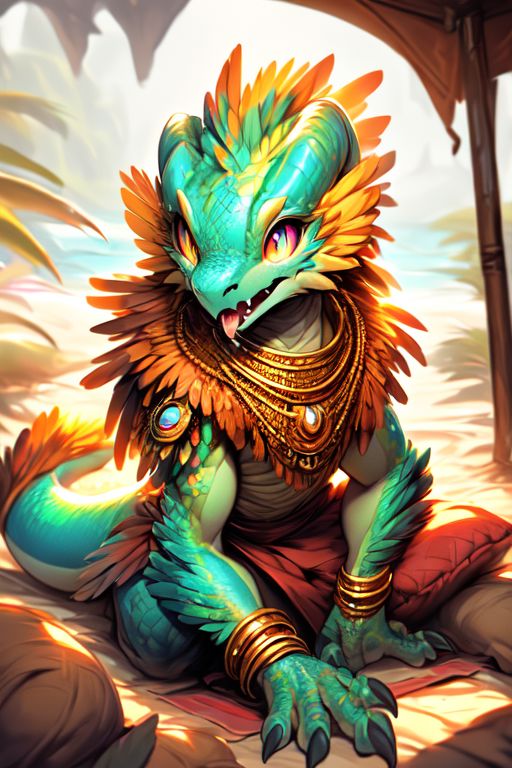 scalie, anthro, ((female)), ((kobold:1.3)), detailed pink scales, detailed scales, intricate scales, ((small breasts)), (nude), (detailed face), (detailed eyes:2), (big eyes:0.5), claws, open mouth, grin, (fangs:1.3), cute, young, muscular, athletic, elegant, beautiful, claws, (slit pupils), bright eyes, expressive eyes, (chubby:0.4), (plump:0.4), smiling, happy,  
((((head with thick long feathers)))), ((feathered arms, feathered legs)) covered in feathers, 
lying on beach, pillows, playing, spread legs, raised tail, seen from above,
(saliva), (drooling:0.5),
<lora:dragon:0.1>,
<lora:addmoredetails:0.1>,
<lora:Velociraptor_Dino:0.1>,
<lora:deathclaw:0.1>,
<lora:azt3ch:0.1>,
<lora:FurryCore:1.25>
by darkgem, by thesecretcave, by silverfox5213, , 
((golden bracelet, golden anklet, golden necklace, golden earrings, iridescent gold, collar, golden tiara)),
noon, sunlight, 
on a beach, 
(ambient light on the body),
Ray tracing, dutch angle, concept art, highly detailed, (hi res), ((masterpiece)), ((best quality)) masterpiece, best quality, masterpiece, best quality, cinematic composition, (masterpiece, best quality, ultra realistic, 4k, (high detail:1.3), sharp focus,