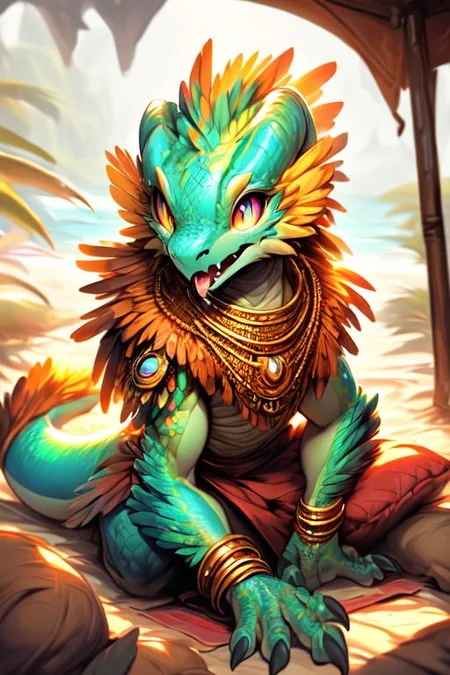 scalie, anthro, ((female)), ((kobold:1.3)), detailed pink scales, detailed scales, intricate scales, ((small breasts)), (nude), (detailed face), (detailed eyes:2), (big eyes:0.5), claws, open mouth, grin, (fangs:1.3), cute, young, muscular, athletic, elegant, beautiful, claws, (slit pupils), bright eyes, expressive eyes, (chubby:0.4), (plump:0.4), smiling, happy,  
((((head with thick long feathers)))), ((feathered arms, feathered legs)) covered in feathers, 
lying on beach, pillows, playing, spread legs, raised tail, seen from above,
(saliva), (drooling:0.5),
<lora:dragon:0.1>,
<lora:addmoredetails:0.1>,
<lora:Velociraptor_Dino:0.1>,
<lora:deathclaw:0.1>,
<lora:azt3ch:0.1>,
<lora:FurryCore:1.25>
by darkgem, by thesecretcave, by silverfox5213, , 
((golden bracelet, golden anklet, golden necklace, golden earrings, iridescent gold, collar, golden tiara)),
noon, sunlight, 
on a beach, 
(ambient light on the body),
Ray tracing, dutch angle, concept art, highly detailed, (hi res), ((masterpiece)), ((best quality)) masterpiece, best quality, masterpiece, best quality, cinematic composition, (masterpiece, best quality, ultra realistic, 4k, (high detail:1.3), sharp focus,