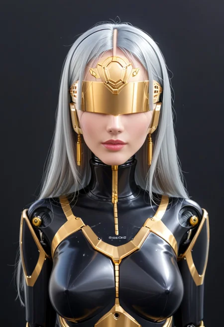 A 35mm photo of a beautiful robotic woman, she has a faceless robotic head, robot, silver hair, smooth metallic featureless feminine body, black colour with gold accents
no face